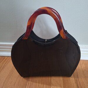 VTG Black Patent Leather Vinyl Garay Clutch Bag Bakelite Handle
